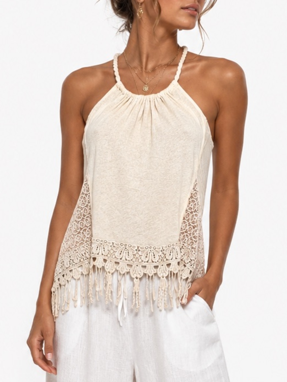 Free People Linen Boho Fringe Crochet Lace Festival Knit Halter Tank Top Size XS